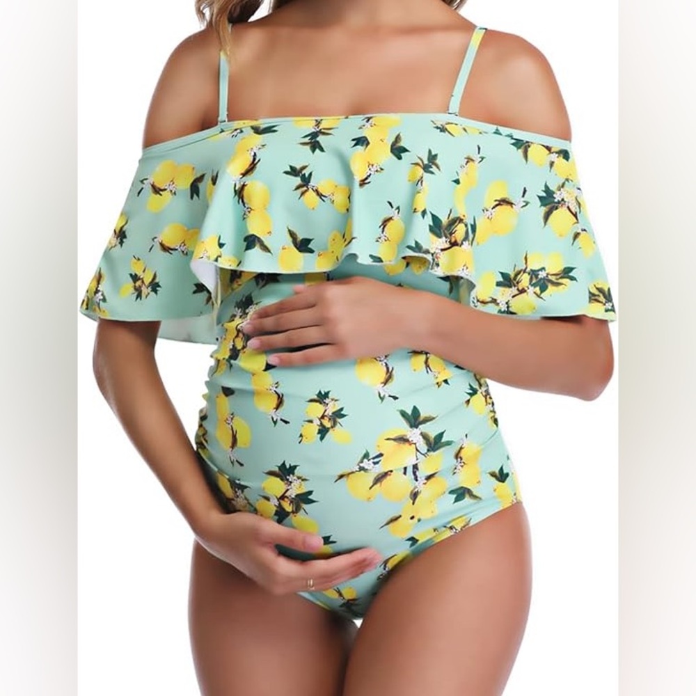 NWT‎ Women’s Summer Mae Maternity Swimsuit 1 Piece Green Yellow Lemons Small